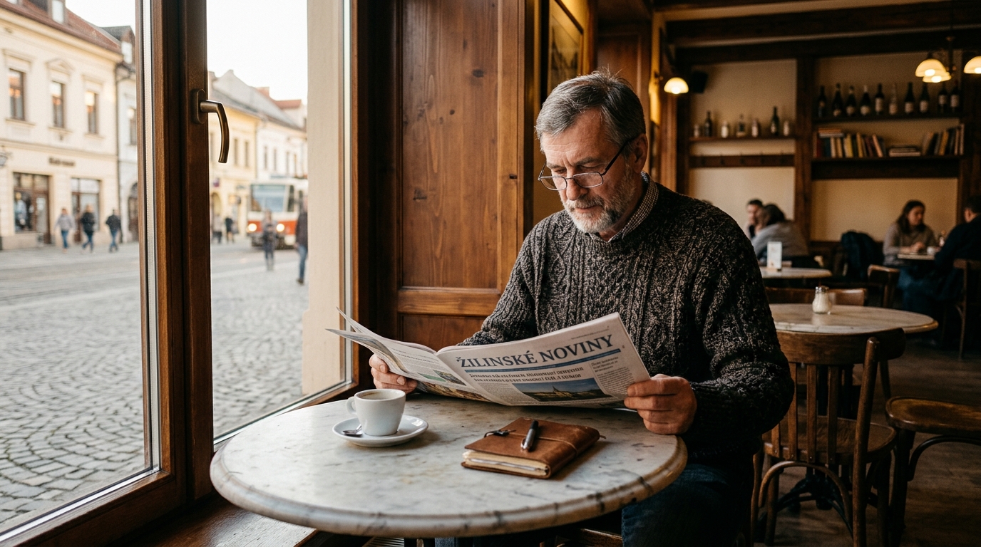 Muž v stredných rokoch číta v kaviarni v starom meste Žiliny, na stole espresso a malý zápisník